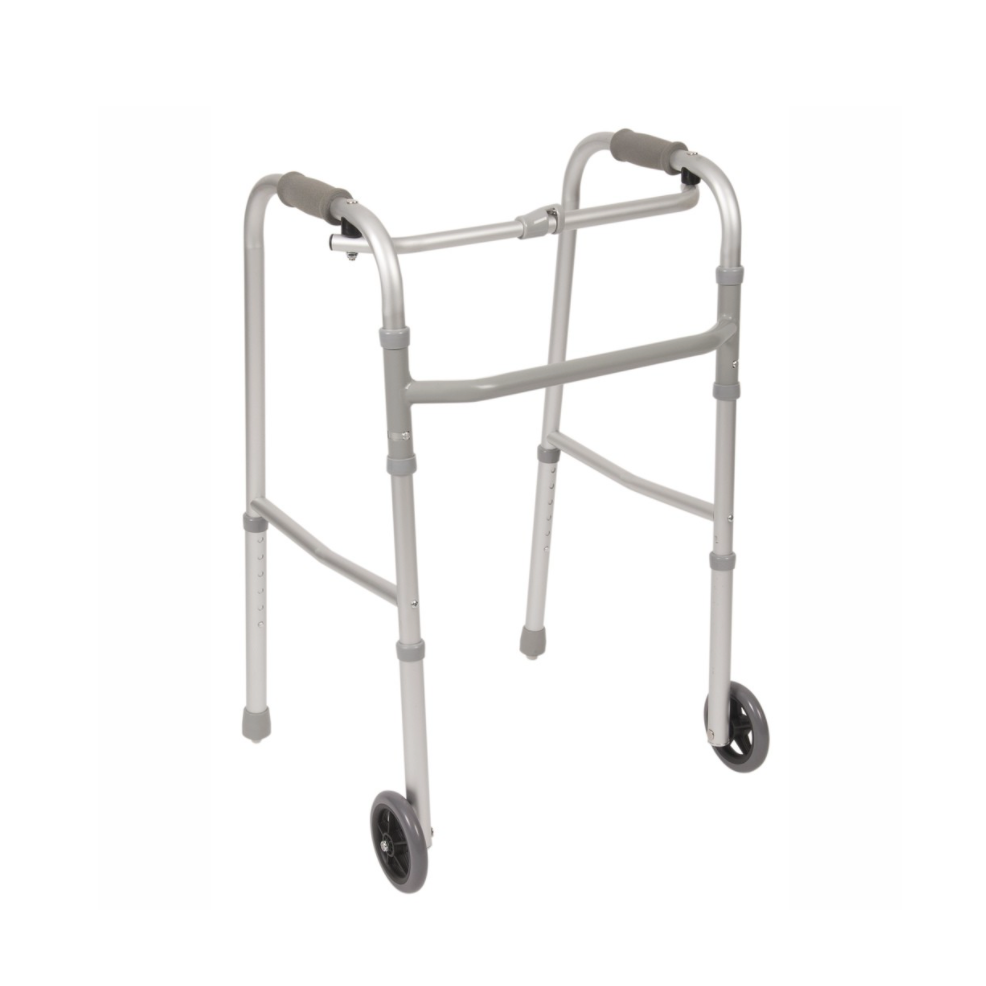 Single Button Folding Walker, Standard With Two Wheels And Two Skis